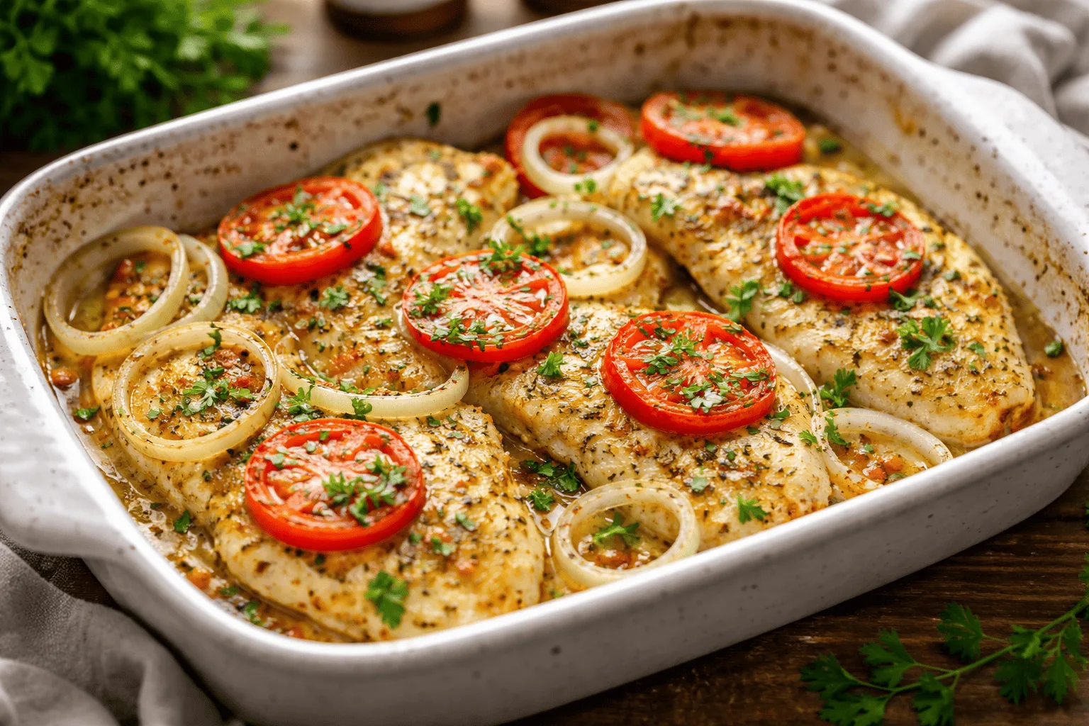 Filé de tilápia assado no forno com tomate e cebola, suculento e bem temperado