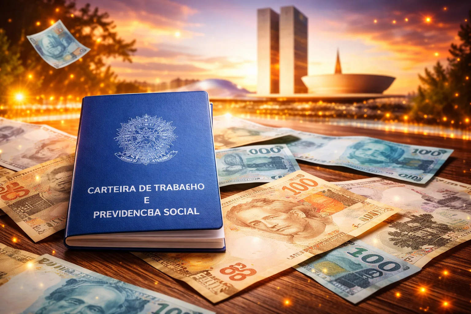 carteira de trabalho brasileira com cédulas de real e congresso ao fundo representando mudanças na escala de trabalho
