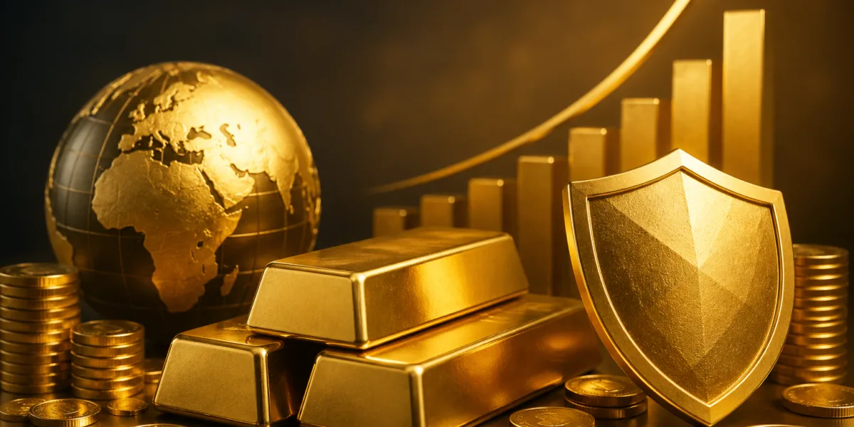 barras de ouro com moedas e gráfico de crescimento simbolizando investimento seguro e proteção de patrimônio