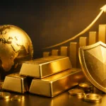 barras de ouro com moedas e gráfico de crescimento simbolizando investimento seguro e proteção de patrimônio