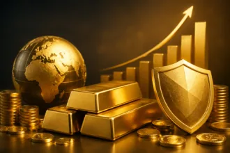 barras de ouro com moedas e gráfico de crescimento simbolizando investimento seguro e proteção de patrimônio