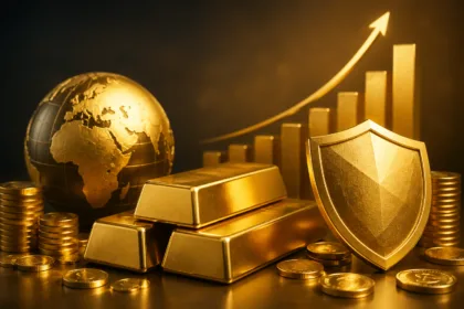 barras de ouro com moedas e gráfico de crescimento simbolizando investimento seguro e proteção de patrimônio