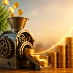 Máquina financeira produzindo moedas douradas com crescimento em pilha simbolizando juros compostos e aumento de investimentos