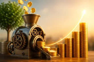 Máquina financeira produzindo moedas douradas com crescimento em pilha simbolizando juros compostos e aumento de investimentos