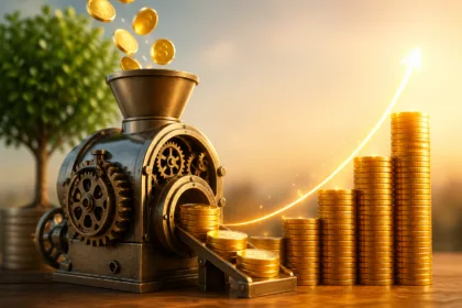 Máquina financeira produzindo moedas douradas com crescimento em pilha simbolizando juros compostos e aumento de investimentos