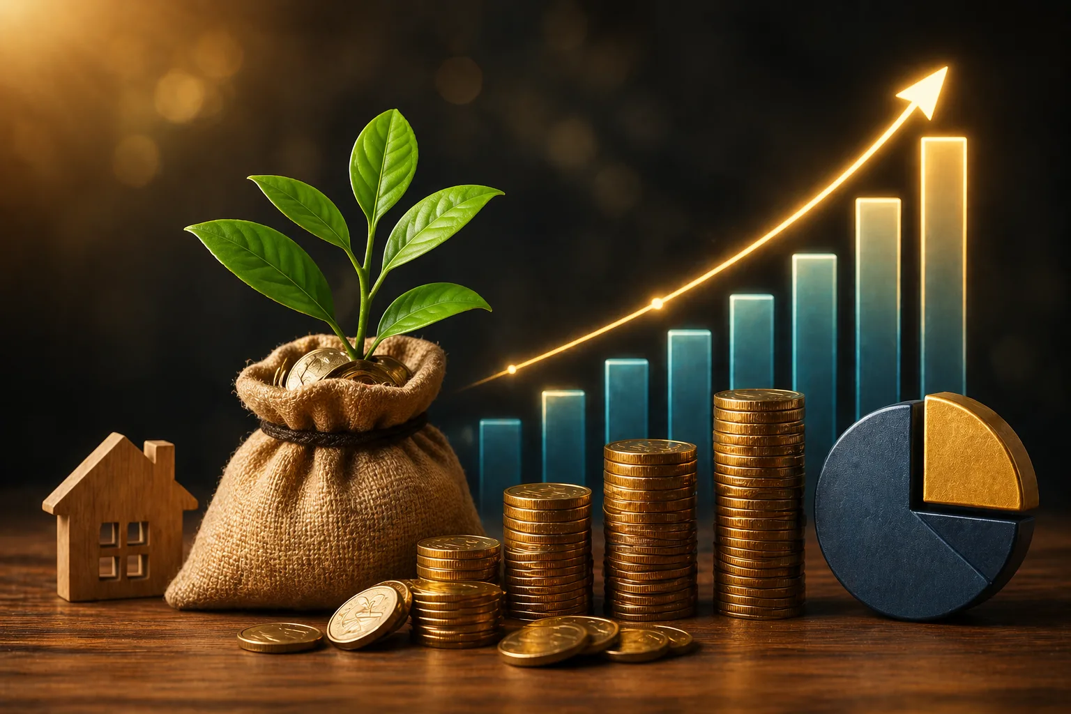 Moedas empilhadas com planta crescendo, saco de dinheiro e gráfico de alta representando renda passiva com dividendos