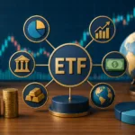 Elementos financeiros representando ETFs com gráficos, moedas, diversificação de investimentos e mercado global