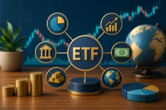Elementos financeiros representando ETFs com gráficos, moedas, diversificação de investimentos e mercado global