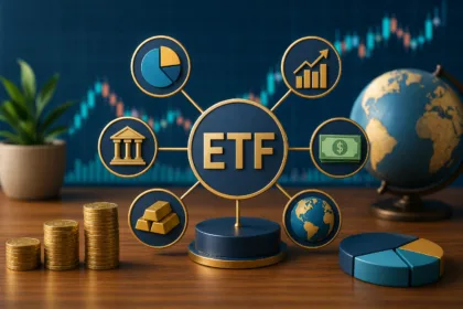 Elementos financeiros representando ETFs com gráficos, moedas, diversificação de investimentos e mercado global