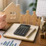 Mesa com calculadora, caderno, moedas, cofrinho e figuras de família representando planejamento financeiro familiar