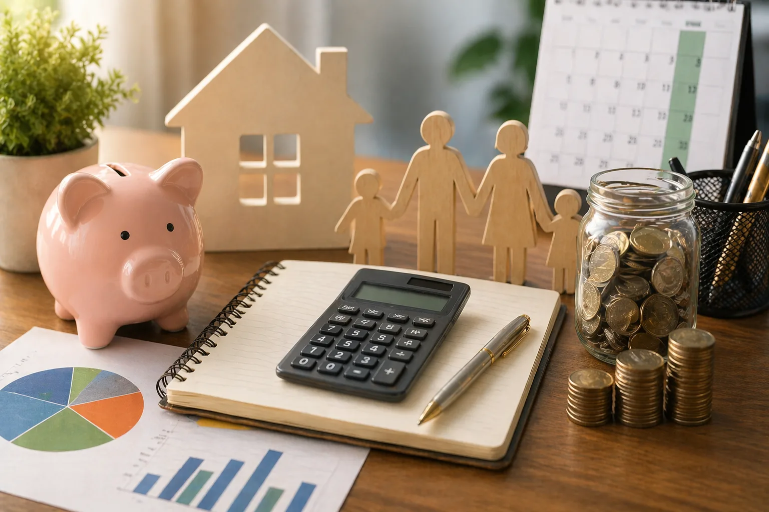 Mesa com calculadora, caderno, moedas, cofrinho e figuras de família representando planejamento financeiro familiar