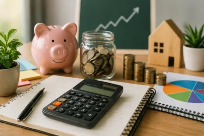 Mesa com calculadora, caderno de anotações, gráfico de despesas e moedas ao lado de um cofrinho representando planejamento financeiro