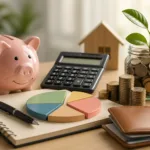 Mesa com cofrinho, calculadora, gráfico financeiro, moedas e caderno representando organização do orçamento pessoal