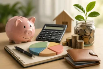 Mesa com cofrinho, calculadora, gráfico financeiro, moedas e caderno representando organização do orçamento pessoal