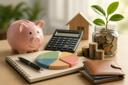 Mesa com cofrinho, calculadora, gráfico financeiro, moedas e caderno representando organização do orçamento pessoal