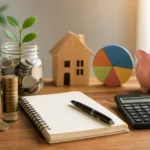 Mesa com moedas, cofrinho, calculadora e caderno representando planejamento financeiro pessoal