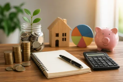 Mesa com moedas, cofrinho, calculadora e caderno representando planejamento financeiro pessoal