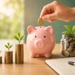 Cofrinho com moedas sendo inseridas, pilhas de moedas crescendo e plantas simbolizando economia e crescimento financeiro