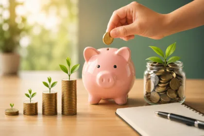 Cofrinho com moedas sendo inseridas, pilhas de moedas crescendo e plantas simbolizando economia e crescimento financeiro