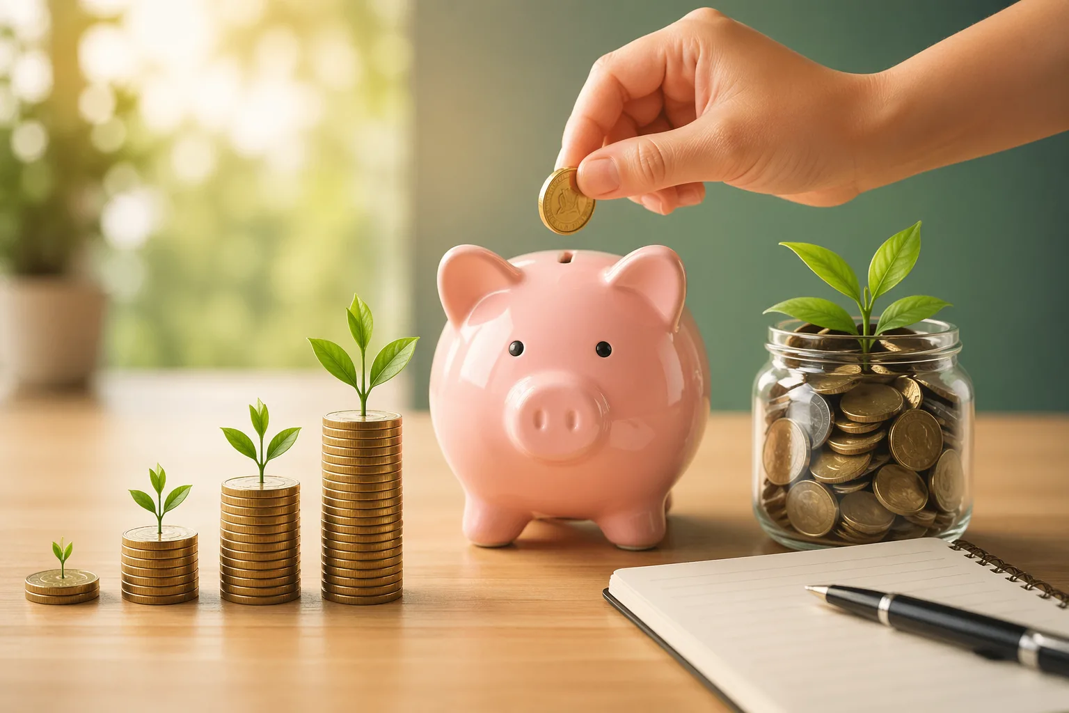 Cofrinho com moedas sendo inseridas, pilhas de moedas crescendo e plantas simbolizando economia e crescimento financeiro