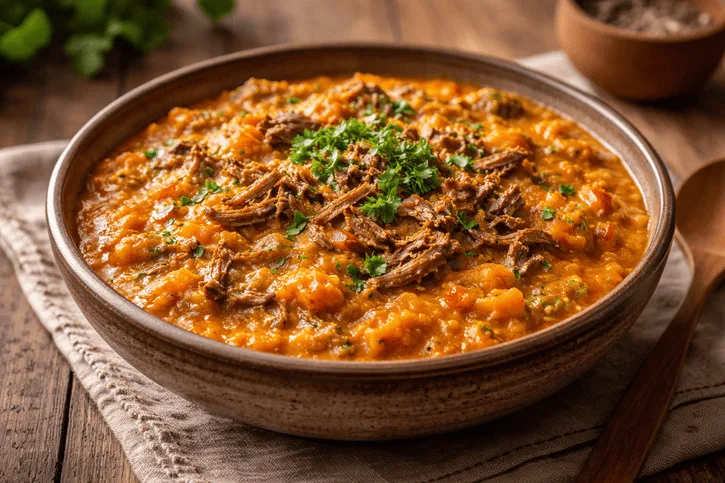 Prato de quibebe de abóbora com carne desfiada em mesa de madeira