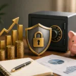 Elementos financeiros com cofre, moedas, gráfico de crescimento e símbolo de segurança representando investimentos em renda fixa