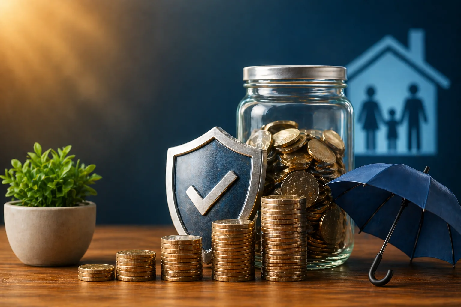 Pote com moedas, escudo de proteção e guarda-chuva representando segurança financeira e reserva de emergência