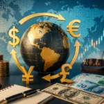 globo com símbolos de moedas e notas estrangeiras representando taxa de câmbio e economia global