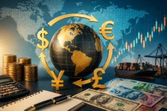 globo com símbolos de moedas e notas estrangeiras representando taxa de câmbio e economia global