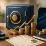 Cofre, moedas empilhadas, gráfico de crescimento e celular com gráfico financeiro representando investimento seguro no Tesouro Direto