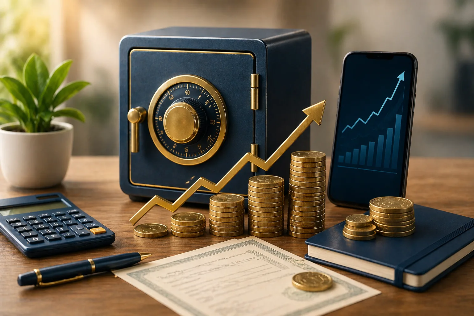 Cofre, moedas empilhadas, gráfico de crescimento e celular com gráfico financeiro representando investimento seguro no Tesouro Direto