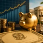 cofrinho dourado com moedas empilhadas, ampulheta e gráfico financeiro ao fundo representando investimento em tesouro prefixado