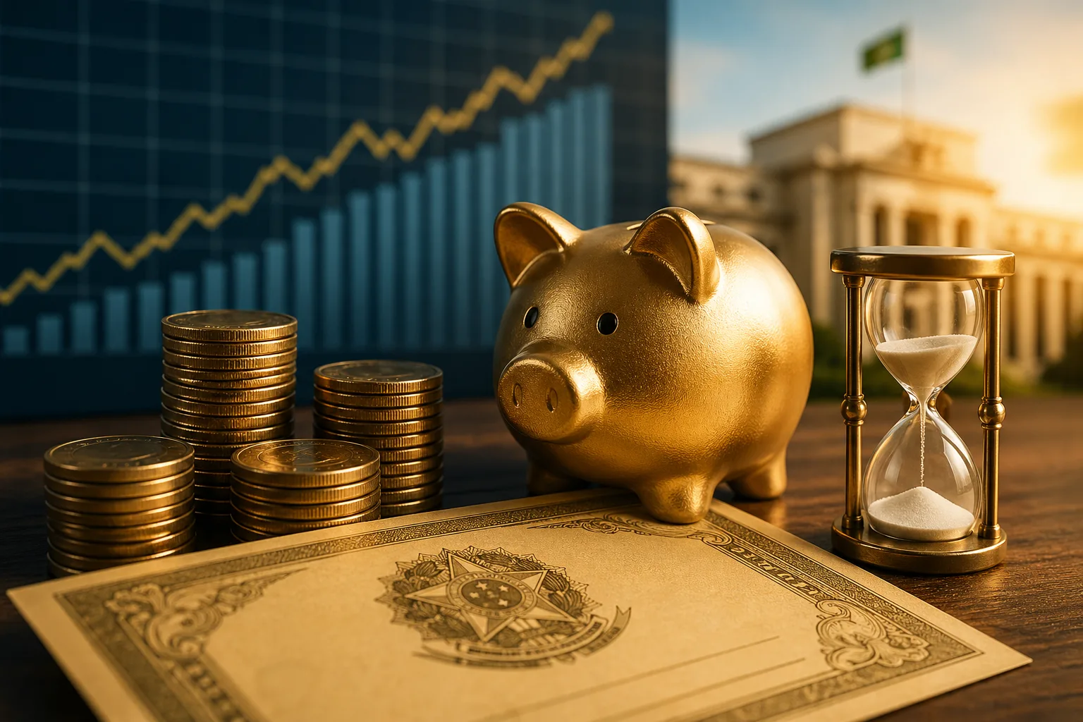 cofrinho dourado com moedas empilhadas, ampulheta e gráfico financeiro ao fundo representando investimento em tesouro prefixado
