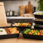marmitas prontas organizadas com arroz, feijão, frango e legumes em cozinha moderna para venda de refeições