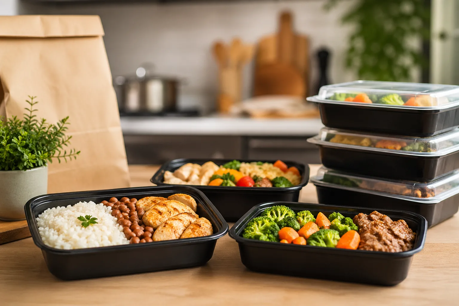 marmitas prontas organizadas com arroz, feijão, frango e legumes em cozinha moderna para venda de refeições