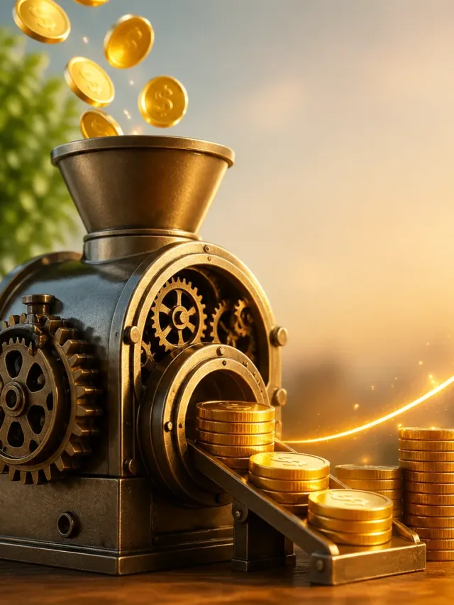 Máquina financeira produzindo moedas douradas com crescimento em pilha simbolizando juros compostos e aumento de investimentos