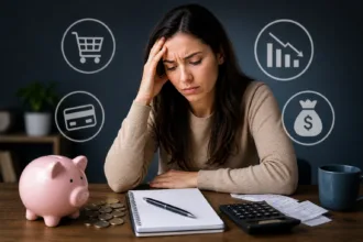 mulher preocupada com problemas financeiros analisando contas com calculadora e dinheiro sobre a mesa