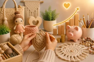 Pessoa fazendo artesanato em crochê com materiais manuais e itens decorativos simbolizando renda extra