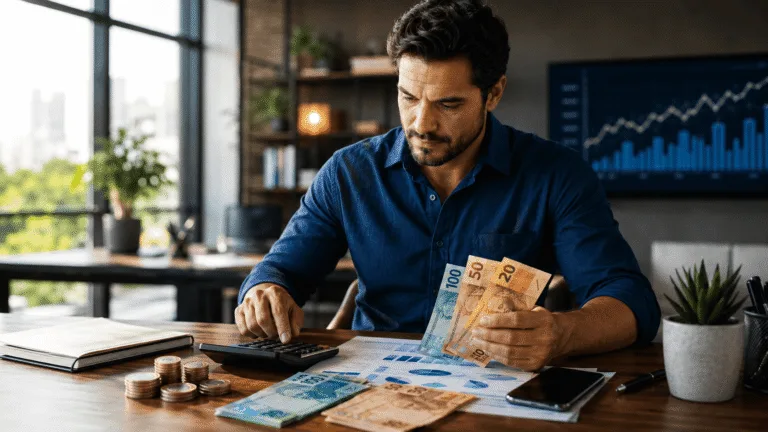 Trabalhador brasileiro organizando suas finanças com cédulas de real, moedas, calculadora, carteira, documentos financeiros e celular em ambiente de escritório moderno.