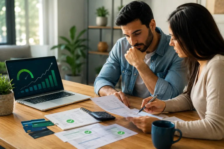 Casal analisando documentos financeiros e gráficos de crédito enquanto organiza as finanças para recuperar o score e melhorar o histórico de crédito.