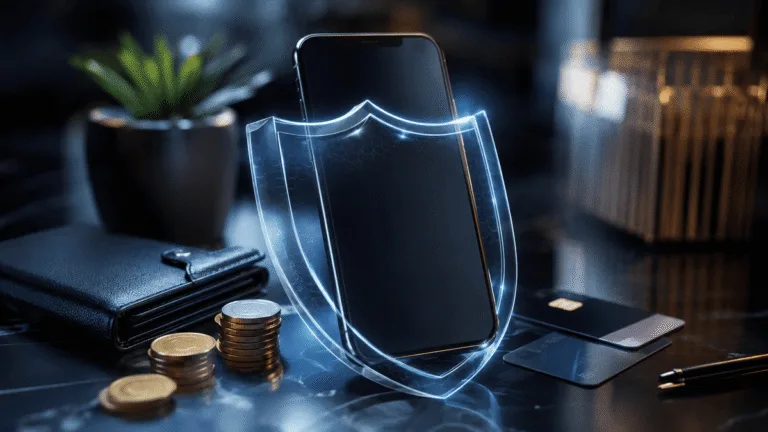 Smartphone protegido por um escudo digital ao lado de moedas e cartão bancário, representando empréstimo com garantia de celular e segurança financeira.
