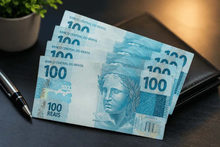 Cinco notas de 100 reais representando um empréstimo de 500 reais