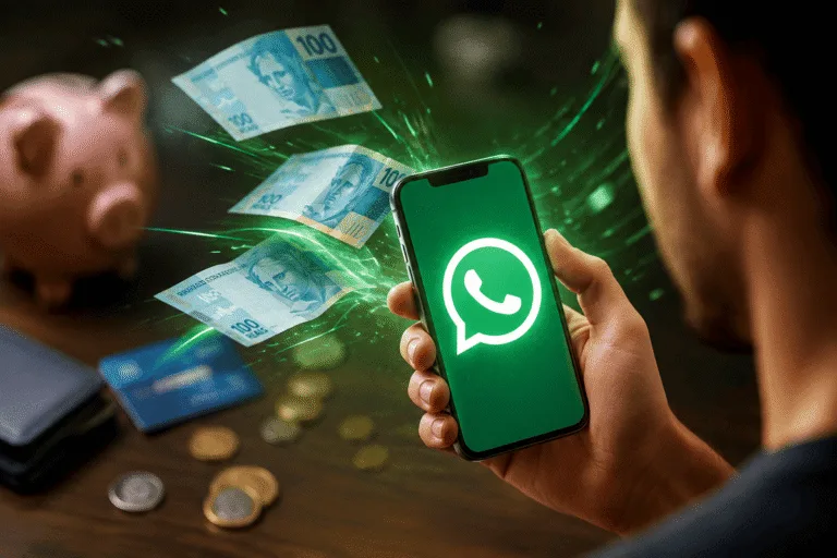 Pessoa segurando celular com WhatsApp enquanto notas de dinheiro aparecem ao redor