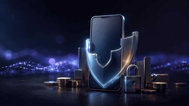 Izi empréstimo com garantia de celular representado por smartphone com escudo de segurança e elementos financeiros