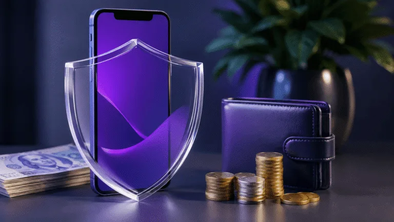 Smartphone com interface bancária roxa protegido por escudo transparente, acompanhado de carteira, moedas e notas brasileiras.